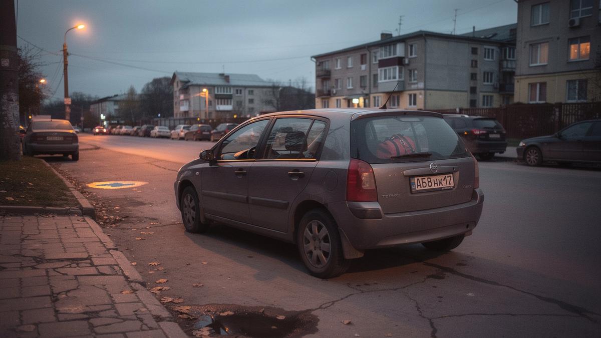 Compact rental car parked on a Kyiv side street at dusk with weekend bags in the boot